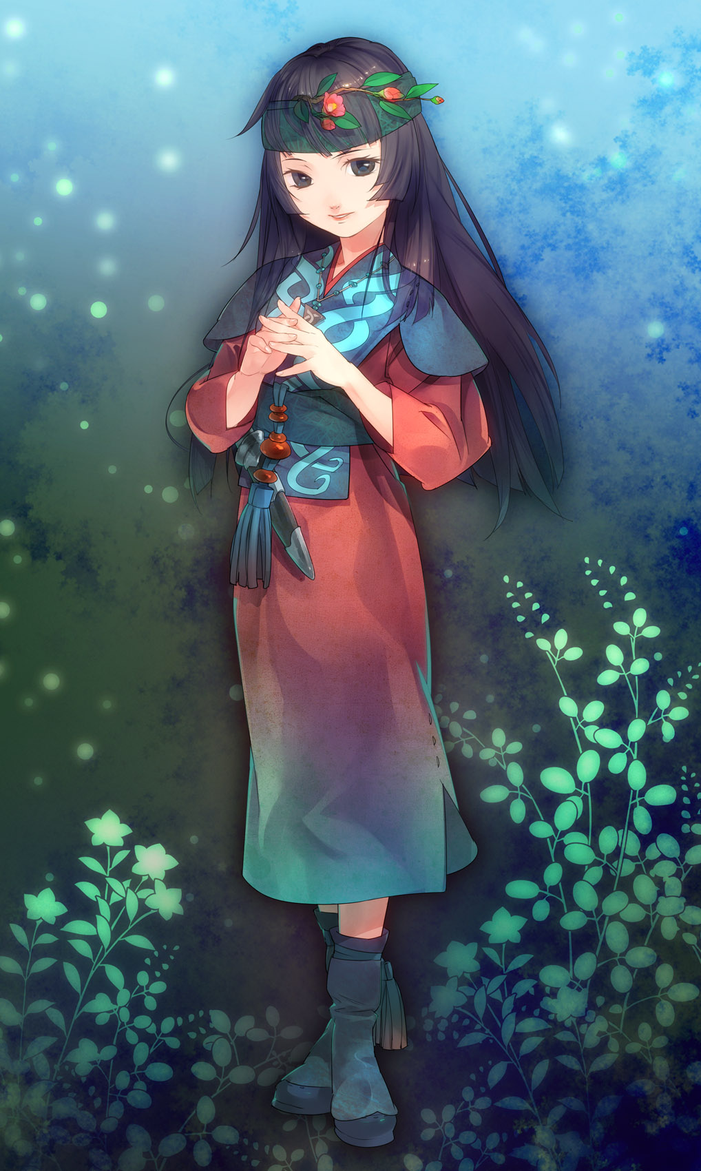 1girl, asa_(y-asa), belt, black_hair, boots, brown_eyes, bush, capelet