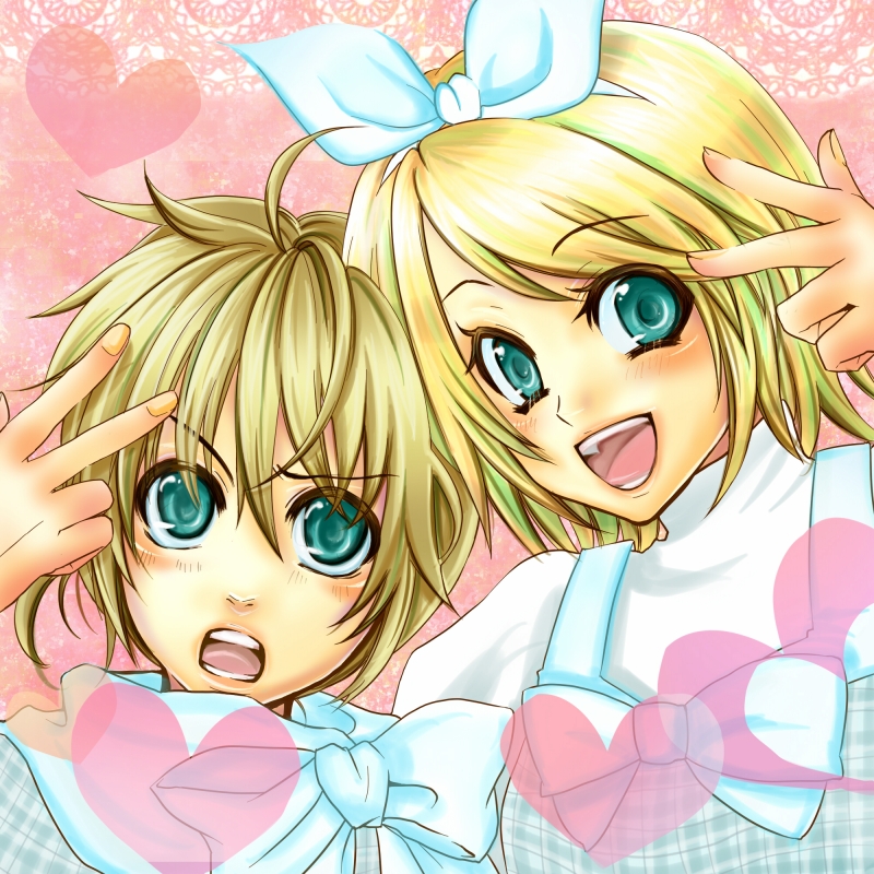 1boy, 1girl, blonde_hair, blue_eyes, bow, brother_and_sister, kagamine_len, kagamine_rin, open_mouth, plaid, ribbon, siblings, smile, suzuagi, twins, v, vocaloid, white_ribbon
