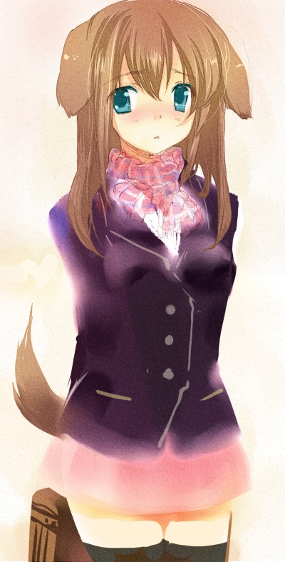 blazer, brown_hair, dog_ears, green_eyes, scarf, tail, tanuki_neiri, thigh-highs