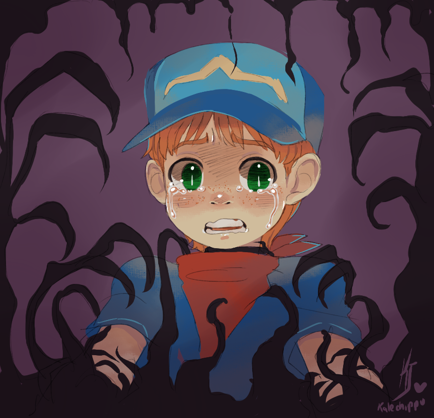 1boy, andy_(heart_of_darkness), blush, child, crying, dark, freckles, green_eyes, hat, heart_of_darkness, kalechip, male_focus, open_mouth, portrait, redhead, shirt, short_hair, solo, t-shirt, tears, teeth, tentacle
