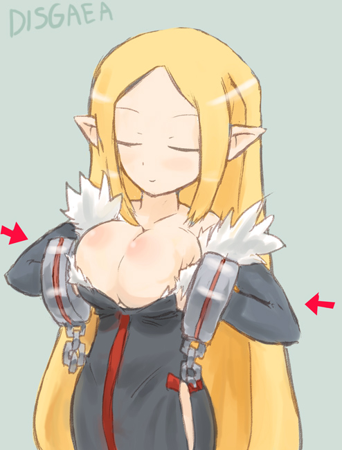 1girl, artist_request, blonde_hair, blush, breasts, cleavage, closed_eyes, disgaea, healer, large_breasts, pointy_ears