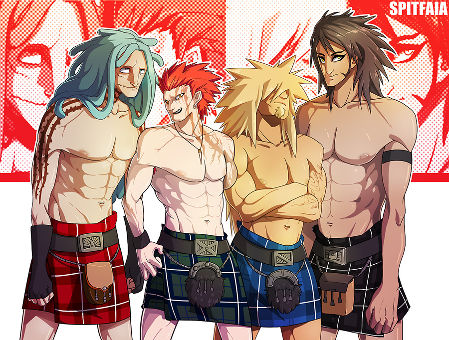 4boys, abs, alternate_costume, artist_name, belt, blonde_hair, blue_hair, brown_hair