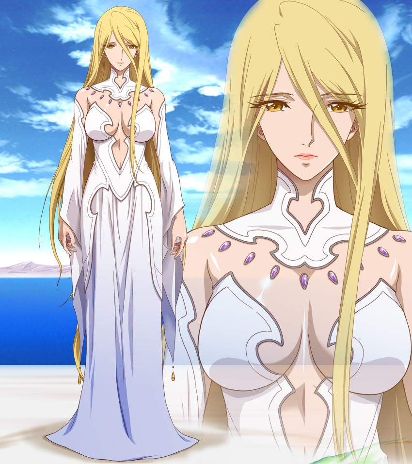 1girl, blonde_hair, breasts, cleavage, clouds, dress, highres, large_breasts