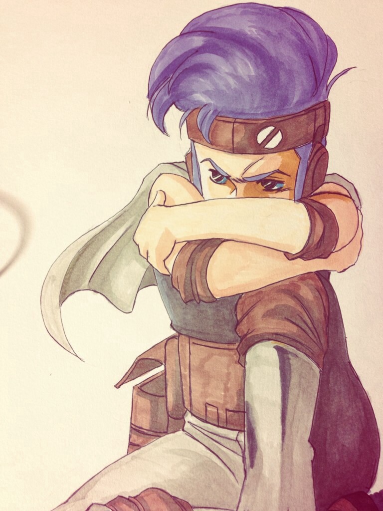1boy, artist_request, blue_hair, blume, gradient, gradient_background, headband, holster, male_focus, sentou_mecha_xabungle, solo, tagme