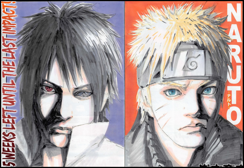 2boys, black_hair, blonde_hair, blue_eyes, face, facial_mark, forehead_protector, hard_translated