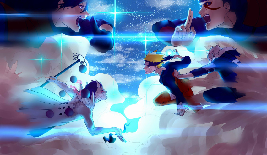 alternate_form, battle, facial_mark, hand_gesture, headband, highres, k_(chissaiossan), lens_flare