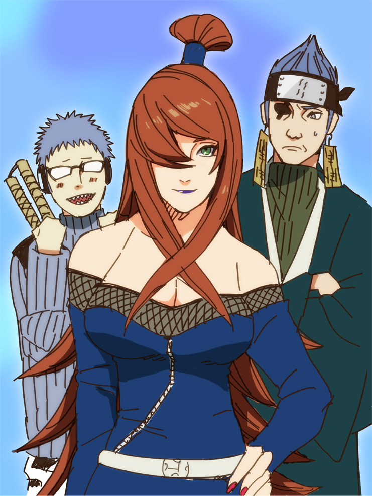 1girl, 2boys, brown_hair, chojuro_(naruto), crossed_arms, eyepatch, glasses, green_eyes, hair_over_one_eye, hand_on_hip, japanese_clothes, long_hair, multiple_boys, nail_polish, naruto, naruto_shippuuden, red_nails, revilv, terumi_mei, very_long_hair