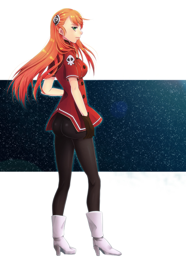 1girl, aida_rayhunton, ass, black_legwear, boots, breasts, female, from_behind, gloves, green_eyes, gundam, gundam_g_no_reconguista, hairpods, high_heel_boots, high_heels, jacket, kuko_(endless-repeat), large_breasts, long_hair, orange_hair, pantyhose, red_shirt, shirt, sideboob, skull, solo, standing, white_shoes