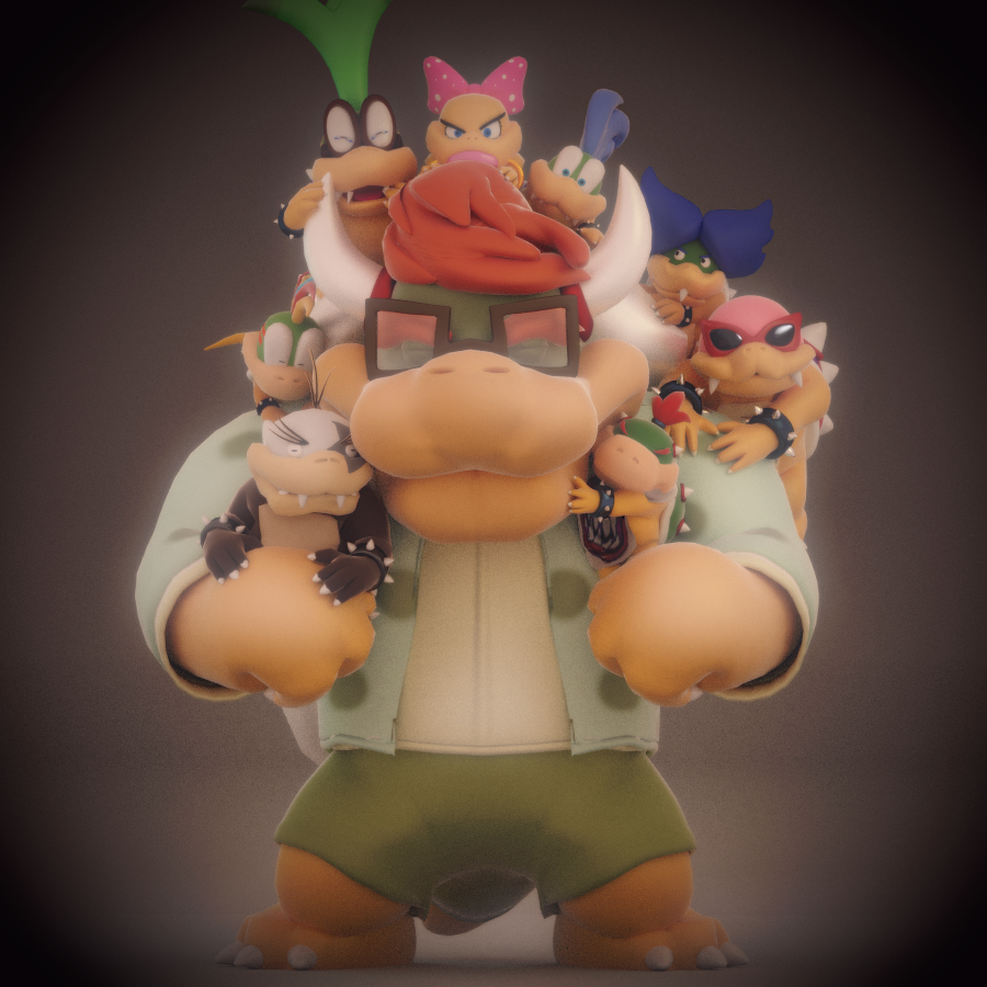 1girl, 6+boys, blue_hair, bow, bowser, bowser_jr., bracelet, family