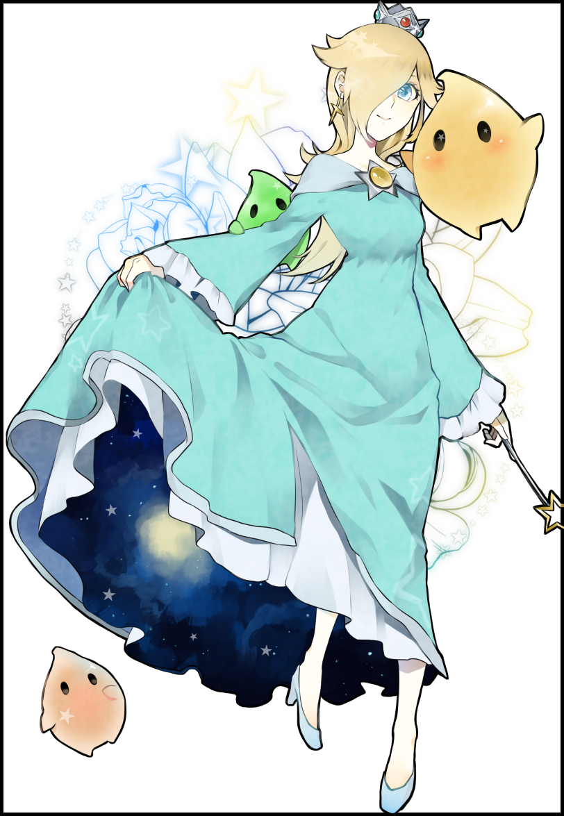 1girl, blonde_hair, blue_eyes, blush, chiko_(mario), crown, dress, female, hair_over_one_eye, high_heels, super_mario_bros., nintendo, rosetta_(mario), siromiso23, smile, star, super_mario_bros., super_mario_galaxy, super_smash_bros., wand