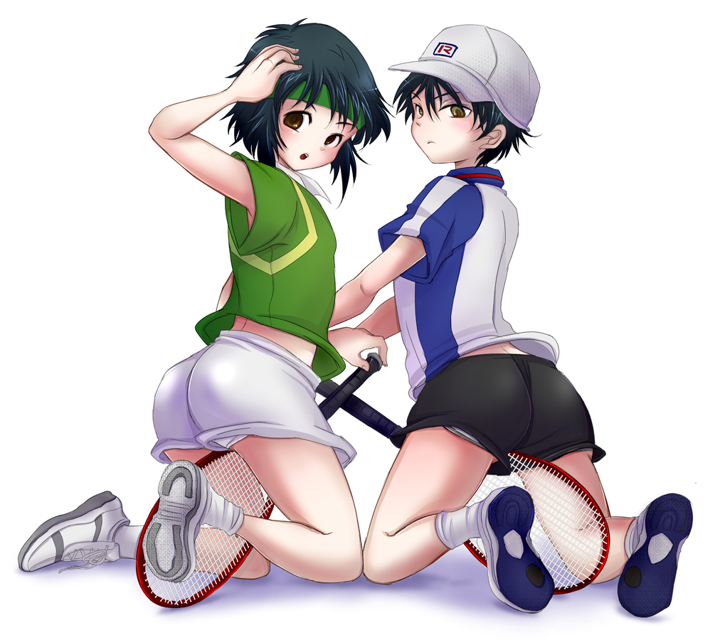 2boys, androgynous, ass, baseball_cap, black_hair, blush, brown_eyes, child