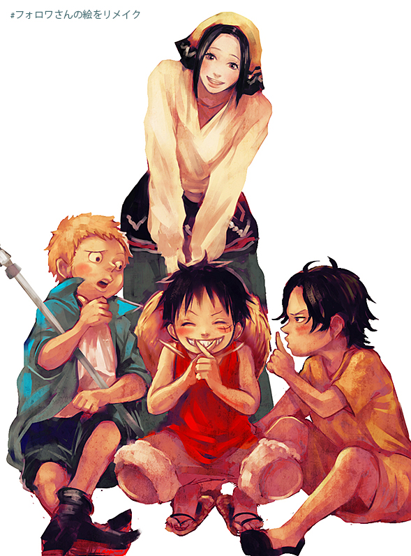 1girl, 3boys, bandanna, black_hair, blonde_hair, brothers, closed_eyes, east_blue