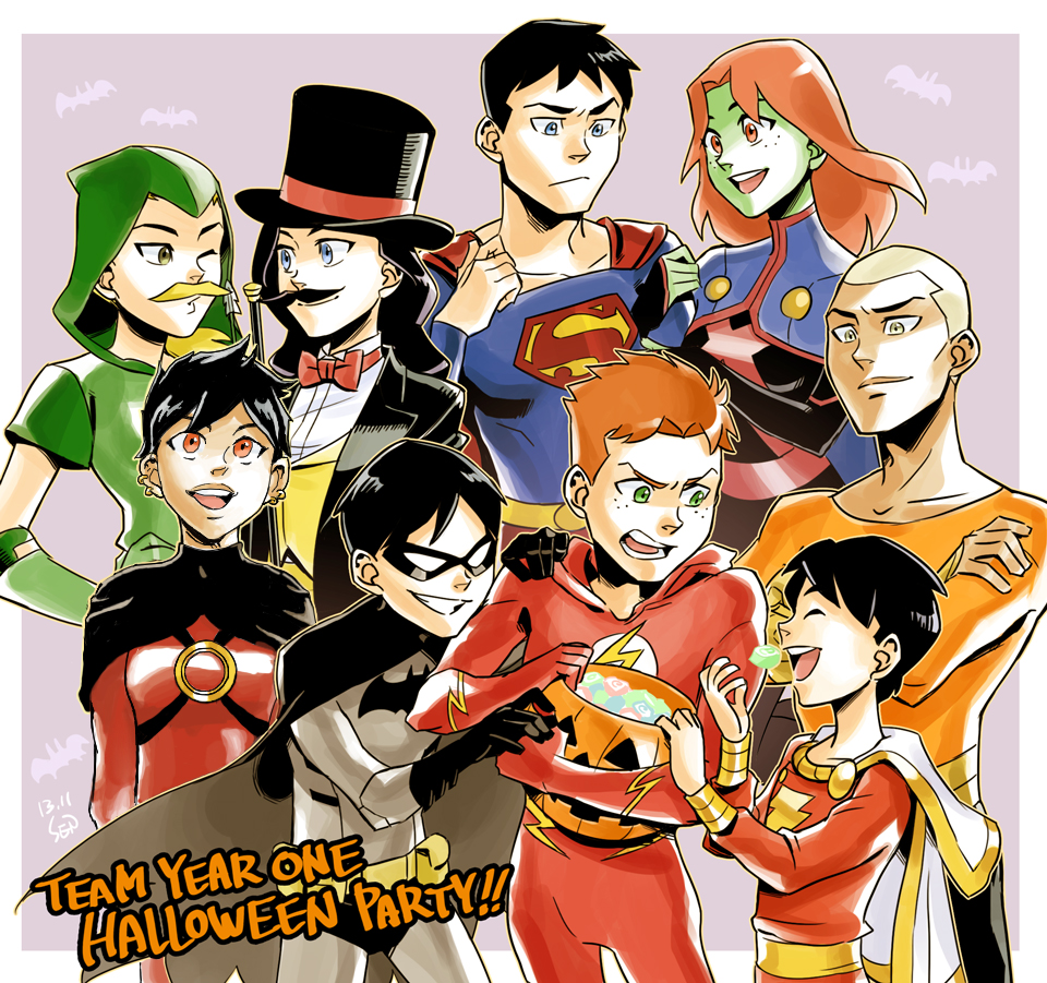 4girls, 5boys, alien, aqua_man, arrow, artemis_crock, bat_(symbol), batman