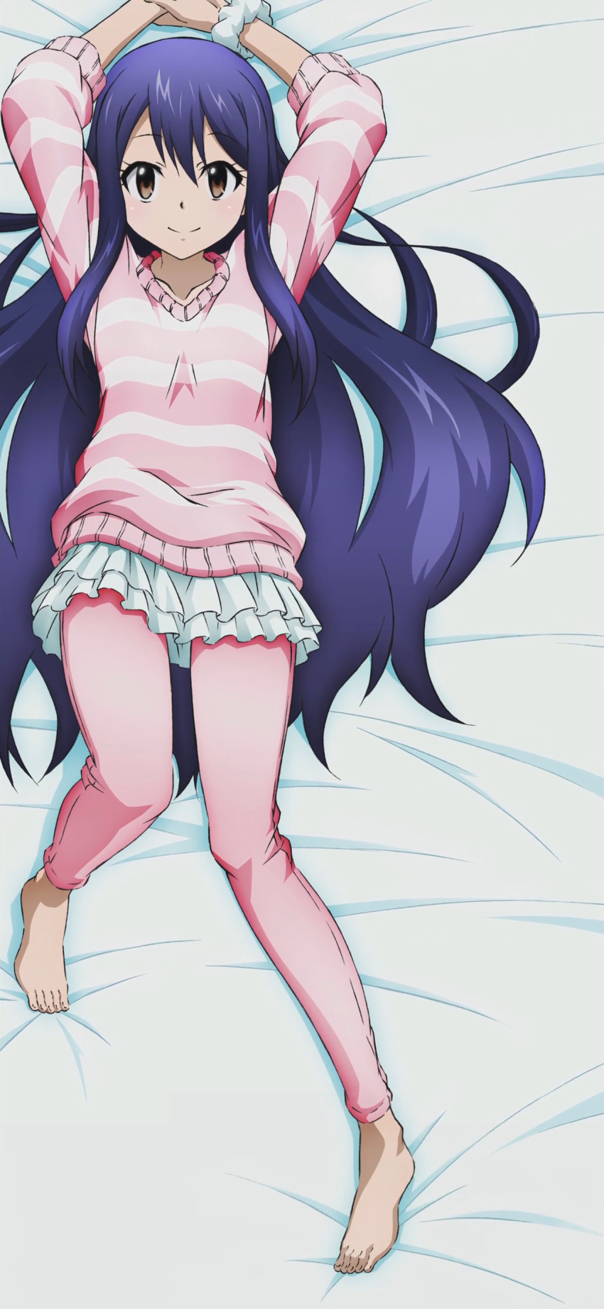 barefoot, blue_hair, brown_eyes, dakimakura, fairy_tail, feet, long_hair, miniskirt