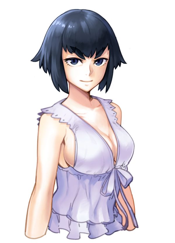 1girl, alternate_hair_length, alternate_hairstyle, black_hair, blue_eyes, breasts, casual, cleavage