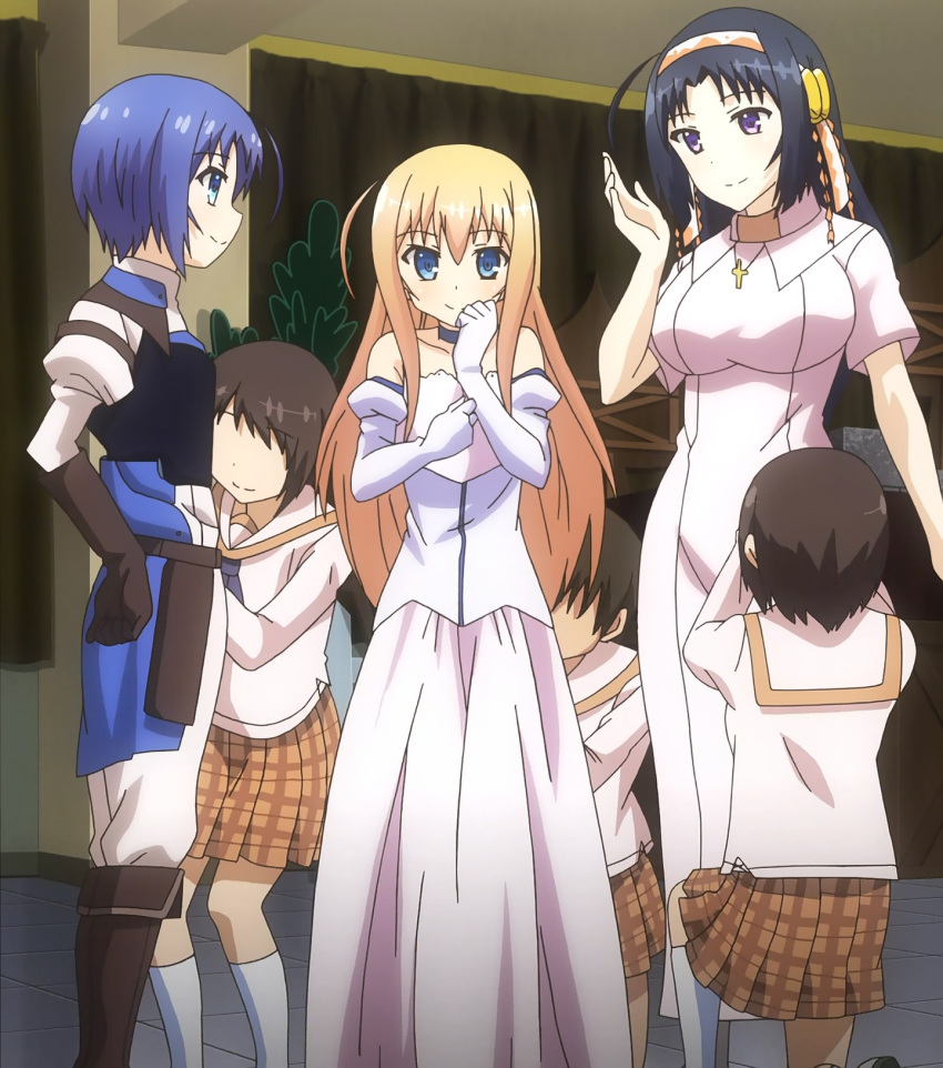 6+girls, black_hair, blonde_hair, blue_eyes, blue_hair, headband, kurano_kiriha, long_hair, multiple_girls, rokujouma_no_shinryakusha!?, ruthkhania_nye_pardomshiha, screencap, short_hair, theiamillis_gre_fortorthe, violet_eyes