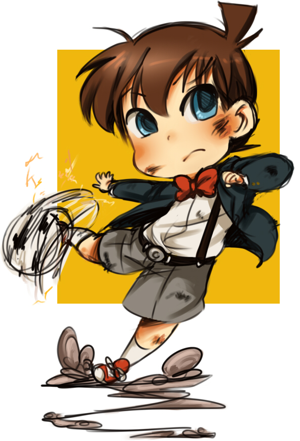 1boy, ball, blue_eyes, bow, bowtie, brown_hair, edogawa_conan, injury, kyuura-jii, male_focus, meitantei_conan, pointing, shorts, soccer_ball, suspenders