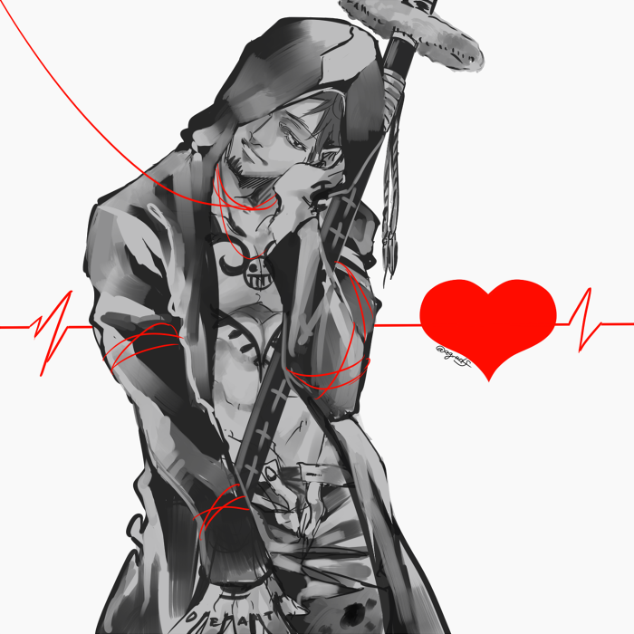 1boy, ag_wolf, agito013, ekg, heart, hood, male_focus, monochrome