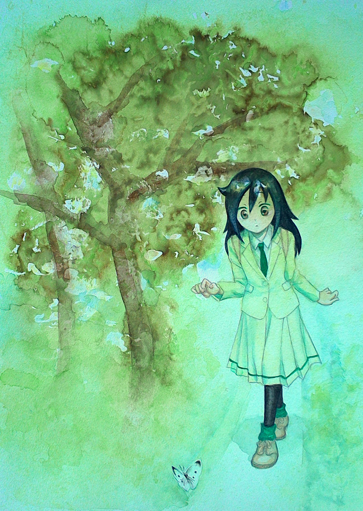 bags_under_eyes, black_hair, butterfly, green_eyes, kuroki_tomoko, nature, necktie, outdoors