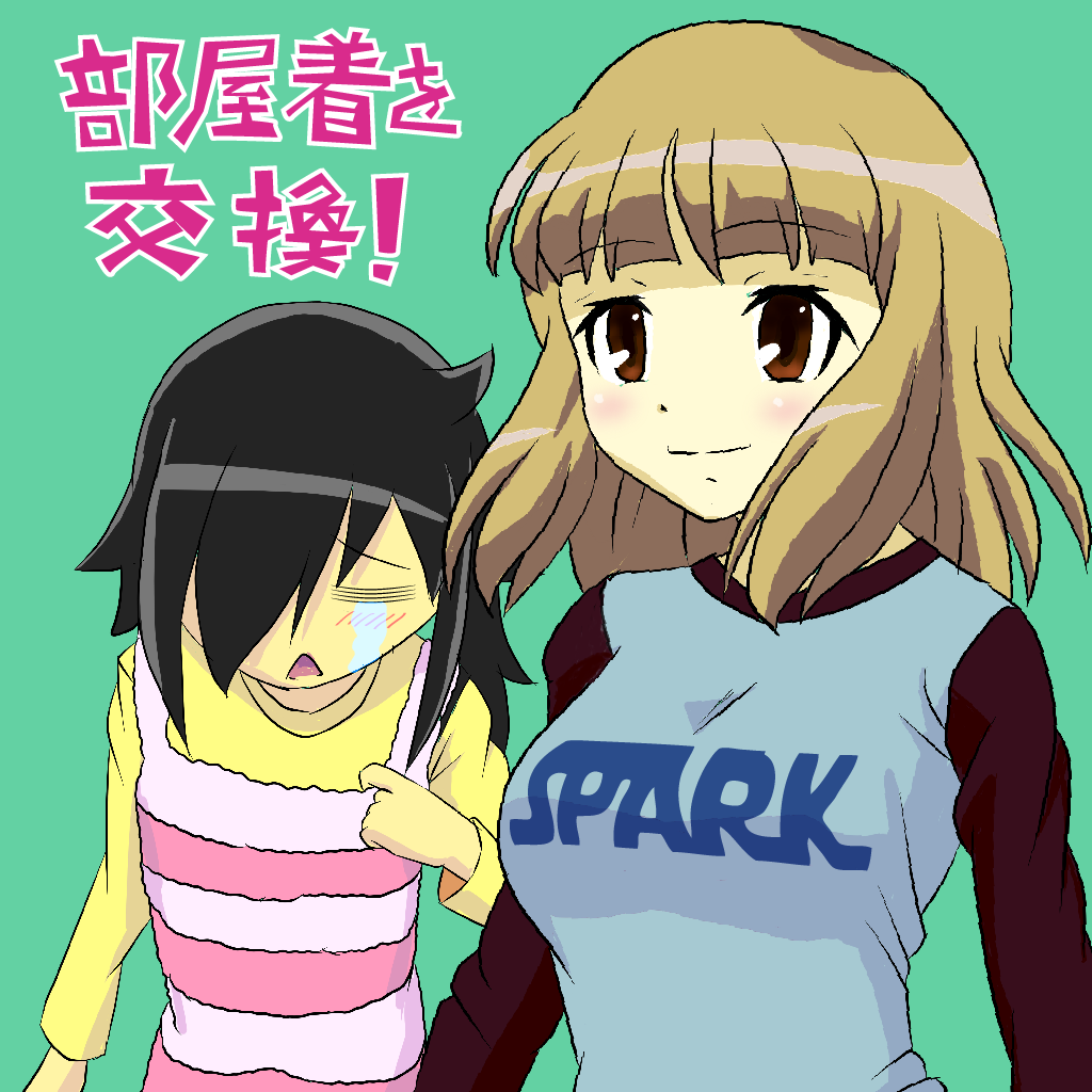 2girls, :<, =_=, bags_under_eyes, bangs, black_hair, blonde_hair, blunt_bangs
