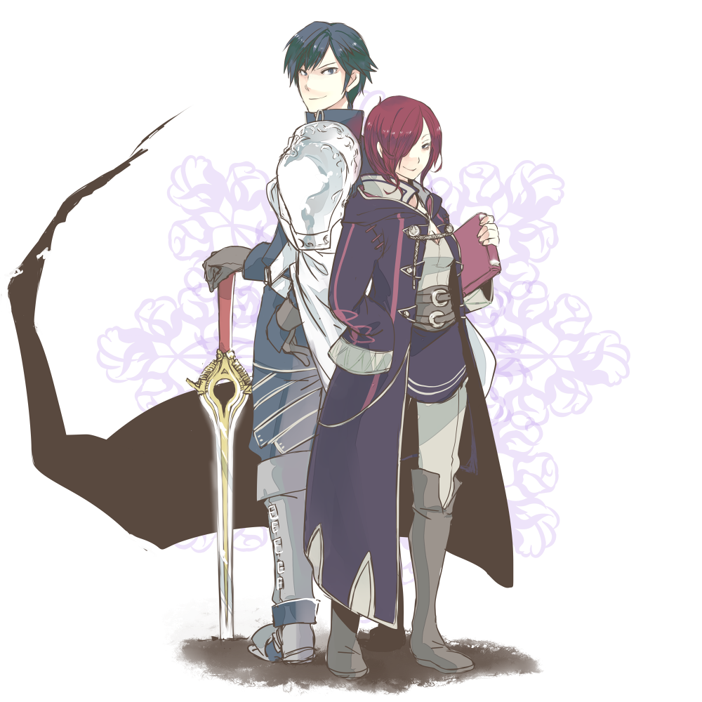 alternate_hairstyle, back-to-back, book, cape, cloak, fire_emblem, fire_emblem:_kakusei, gloves