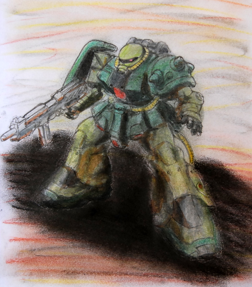 80s, artist_request, gun, gundam, gundam_0080, mecha, traditional_media, weapon