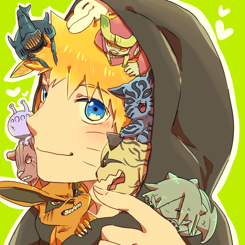 1boy, blonde_hair, blue_eyes, choumei_(naruto), gyuuki_(naruto), hood, hoodie, isobu_(naruto)