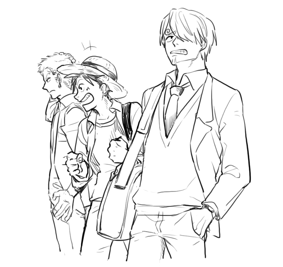 3boys, bag, earrings, hair_over_one_eye, hat, jewelry, monkey_d_luffy, monochrome