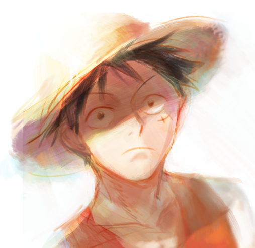 1boy, hat, looking_at_viewer, male_focus, monkey_d_luffy, one_piece, red_vest, shadowed_eyes