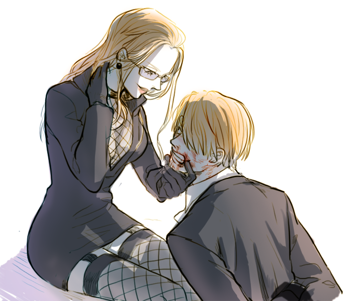 1boy, 1girl, black_dress, black_gloves, blonde_hair, blood, blood_on_face, bound