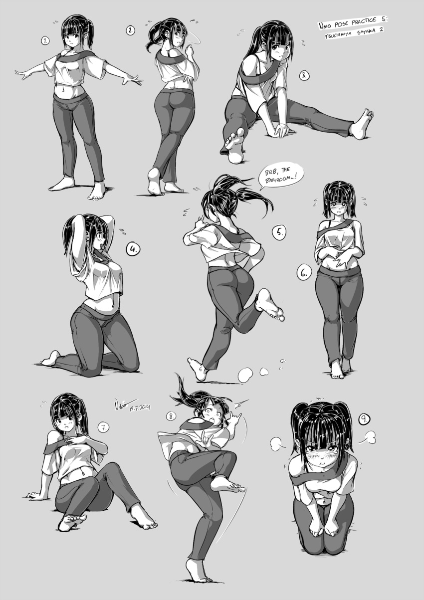 1girl, arched_back, arm_support, back, bangs, black_hair, blunt_bangs, blush