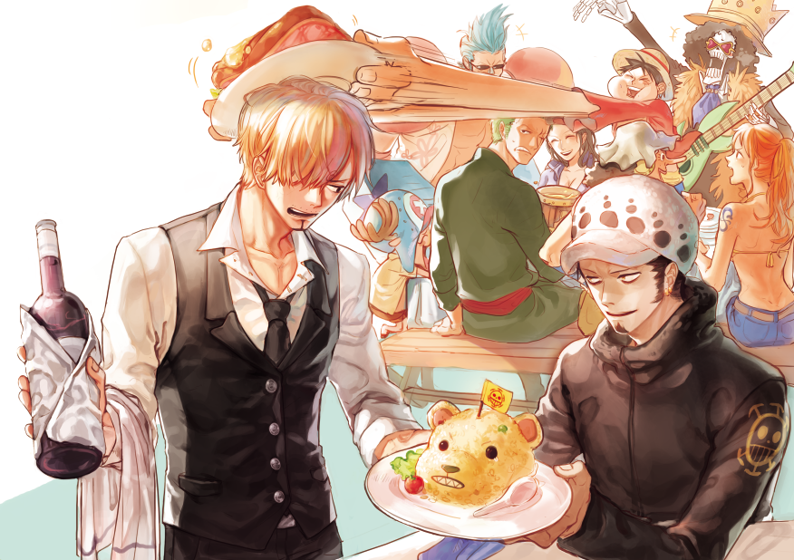 2girls, 6+boys, blonde_hair, blue_hair, brook, cup, cyborg, food, franky, green_hair, guitar, hat, instrument, meat, monkey_d_luffy, mug, multiple_boys, multiple_girls, nami_(one_piece), nico_robin, one_piece, orange_hair, plate, rice, roronoa_zoro, sanji, sitting, sunglasses, table, tony_tony_chopper, trafalgar_law, usopp, yamsong