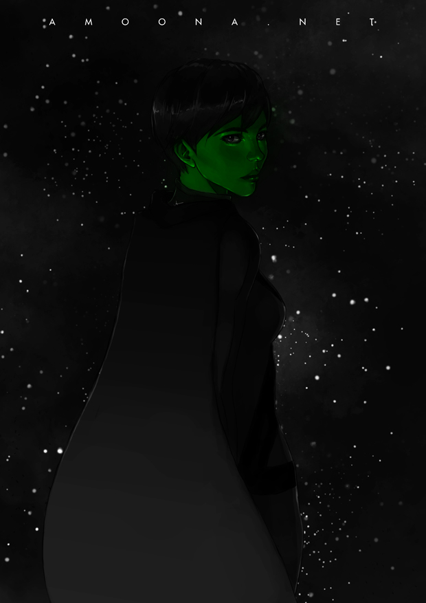 1girl, alien, amoona, artist_name, camouflaged, cloak, dc_comics, green_skin