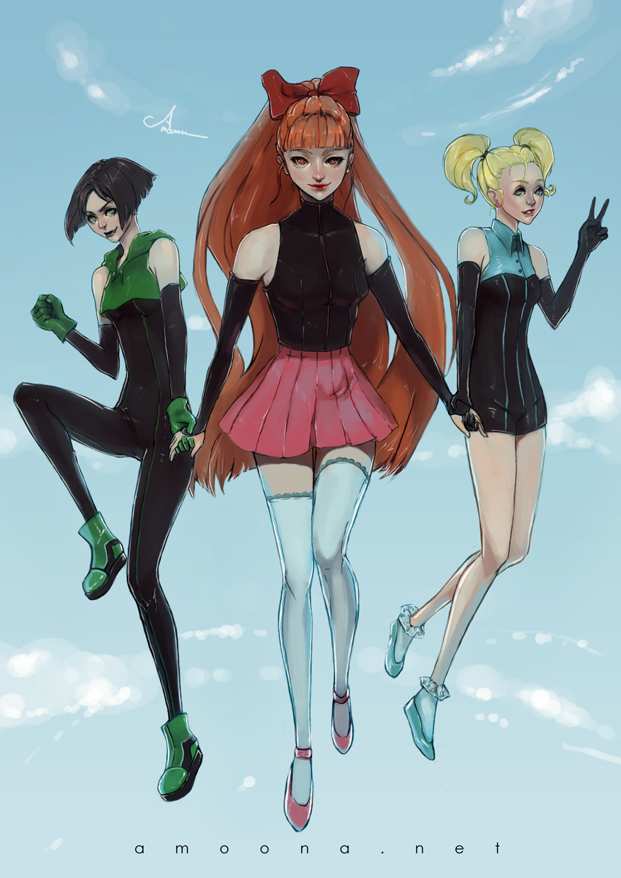 3girls, alternate_costume, amoona, artist_name, bangs, black_hair, blonde_hair, blossom_(ppg)