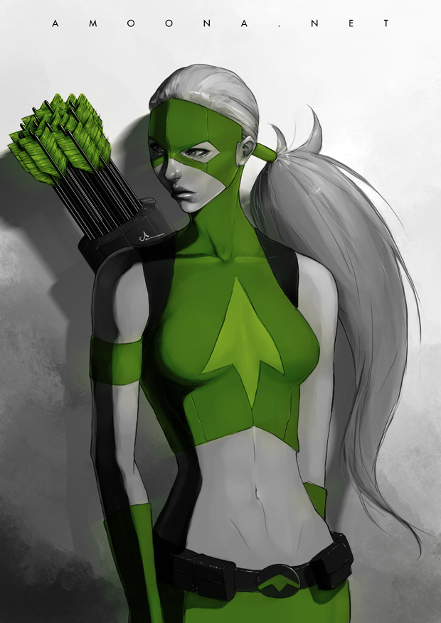 1girl, amoona, arrow, artemis_crock, artist_name, belt, dark_skin, dc_comics, gloves, grey_background, long_hair, low_ponytail, mask, midriff, navel, ponytail, quiver, solo, spot_color, upper_body, vambraces, very_long_hair, young_justice, young_justice:_invasion