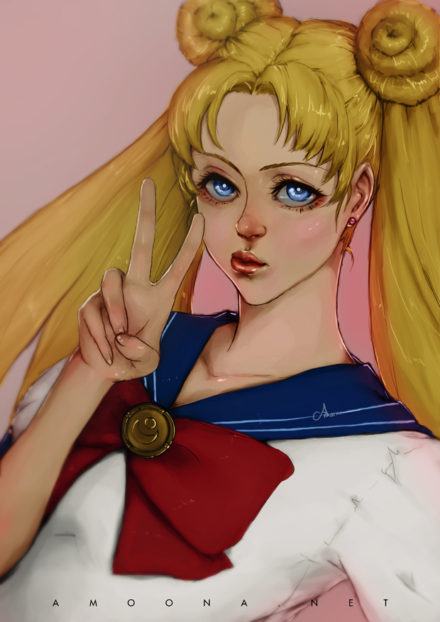1girl, amoona, artist_name, bishoujo_senshi_sailor_moon, blonde_hair, blue_eyes, bow, double_bun, fanart, long_hair, sailor_collar, sailor_moon, serafuku, solo, tsukino_usagi, twintails, v