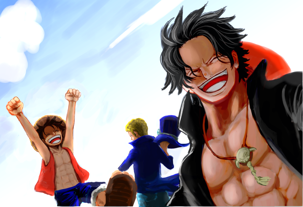 3boys, asuma_(sorawomai), brothers, closed_eyes, freckles, hat, male_focus, monkey_d_luffy, multiple_boys, one_piece, open_clothes, open_mouth, open_shirt, portgas_d_ace, red_vest, sabo_(one_piece), shirt, siblings, smile, stampede_string, straw_hat, top_hat, trio, vest