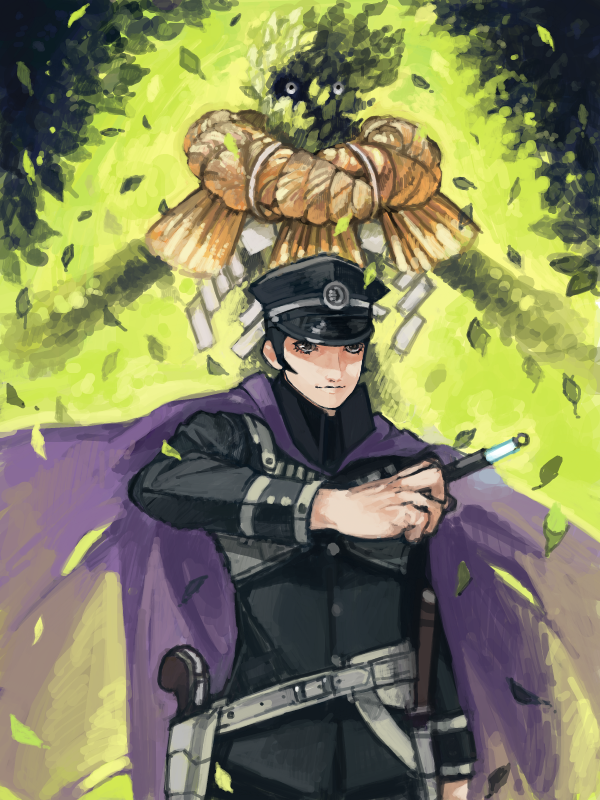 1boy, black_hair, cape, devil_summoner, fire, green_fire, gun, hat