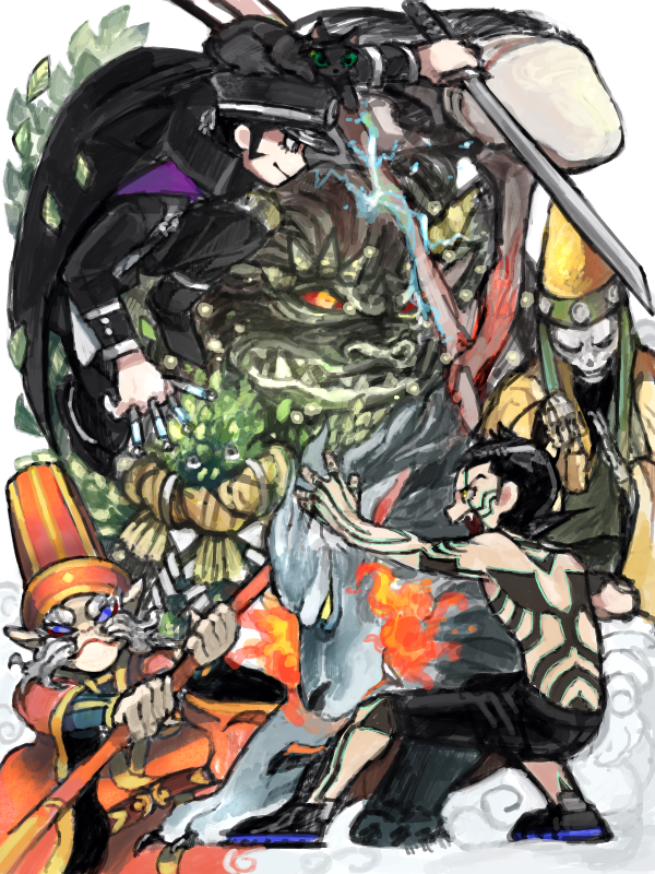 2boys, black_cat, cat, devil_summoner, fire, hat, head_perch, hitoshura, kuzunoha_raidou, multiple_boys, open_mouth, peaked_cap, shin_megami_tensei, shin_megami_tensei_iii:_nocturne, tattoo, tetu, tiger, topless, yellow_eyes