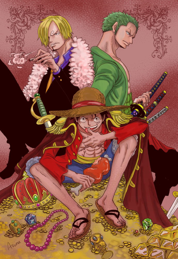 3boys, asuma_(sorawomai), black_hair, blonde_hair, crown, food, formal, gold, green_hair, hat, jacket_on_shoulders, meat, monkey_d_luffy, multiple_boys, one_piece, pirate, roronoa_zoro, sandals, sanji, smoking, standing, straw_hat, suit, sword, treasure, trio, weapon