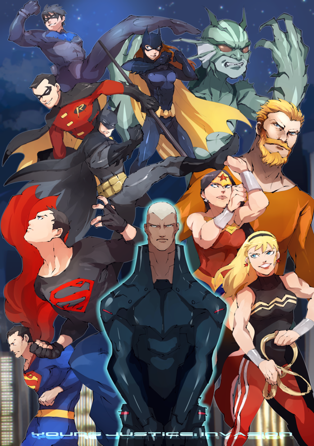 3girls, 6+boys, alien, amazon, aqua_man, aquaman_(series), armor, barbara_gordon