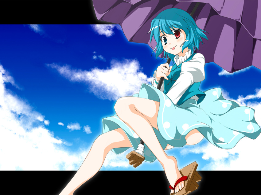 :p, blue_eyes, blue_hair, geta, heterochromia, highres, karakasa_obake, red_eyes