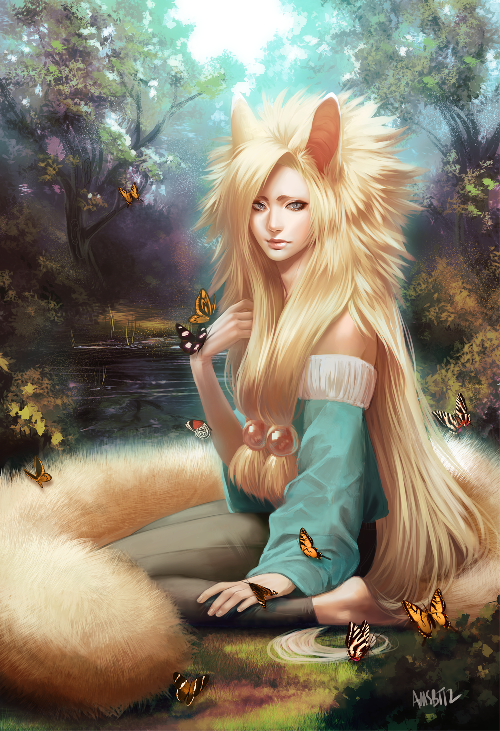 1boy, animal_ears, barefoot, blonde_hair, blue_eyes, butterfly, david_bowie, eyebrows, eyelashes, fox_ears, fox_tail, hair_ornament, lips, long_hair, looking_at_viewer, male_focus, nature, original, outdoors, pond, river, seiza, seriousbreakfesttime, signature, sitting, slit_pupils, solo, tail, trap, tree, very_long_hair