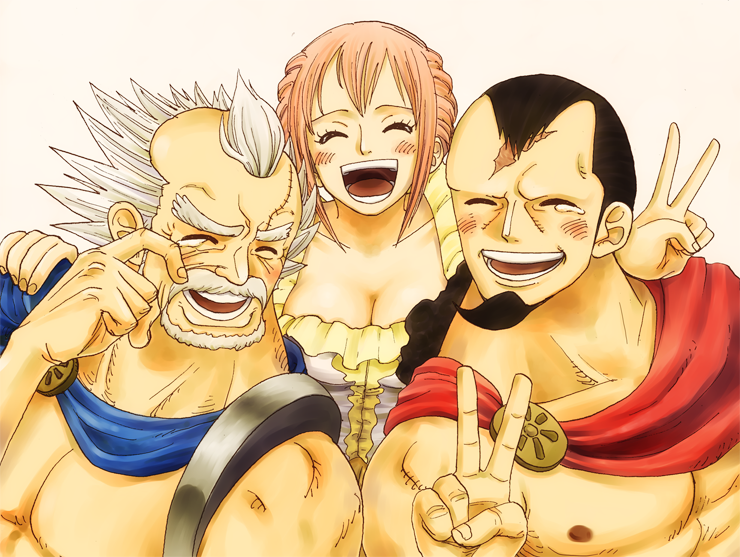 1girl, 2boys, black_hair, cape, dressrosa, family, father_and_daughter, gladiator