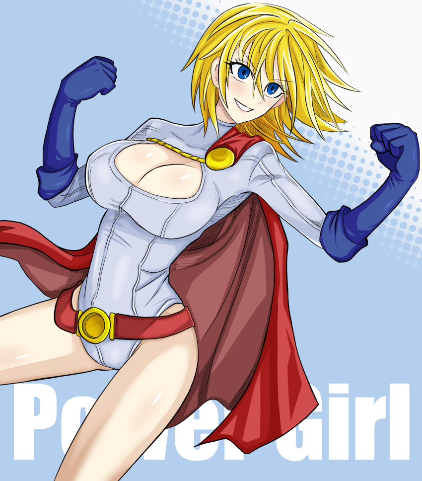 1girl, belt, blonde_hair, blue_eyes, character_name, cleavage_cutout, cutout, dc_comics, female, gloves, grin, highres, kryptonian, leotard, long_sleeves, power_girl, short_hair, smile, solo, superman_(series), tsurugi_(lear3617)