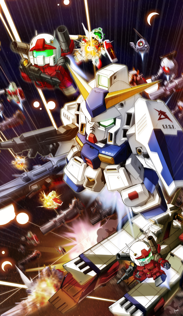 80s, ball_(gundam), battle, explosion, gm_(mobile_suit), gun, guncannon, gundam