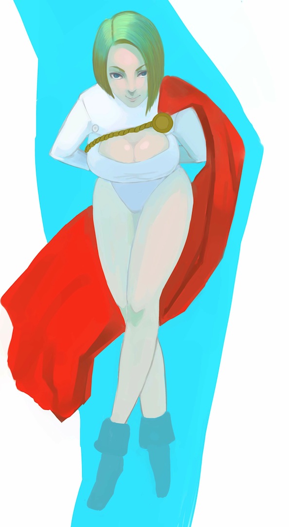 1girl, alien, blonde_hair, blue_eyes, cape, cleavage_cutout, cutout, dc_comics, kryptonian, leotard, long_sleeves, neko_ni_zabuton, pixie_boots, power_girl, red_cape, short_hair, solo, superman_(series)
