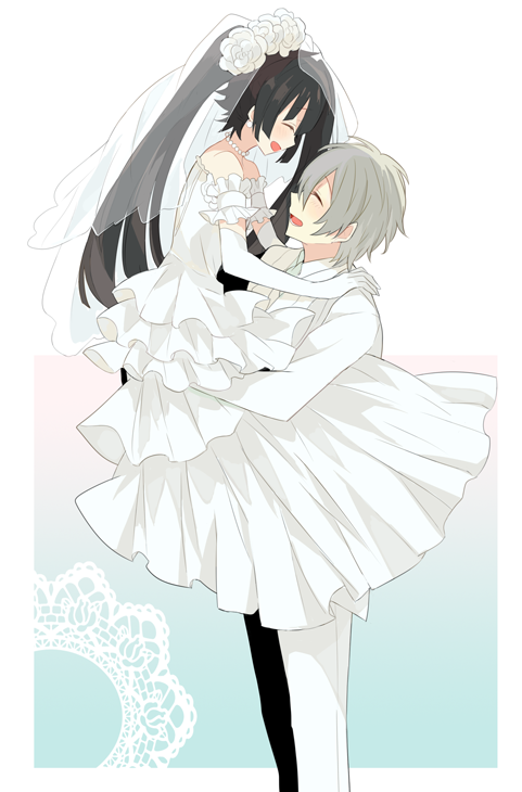1boy, 1girl, bare_shoulders, black_hair, bridal_veil, carrying, closed_eyes, couple