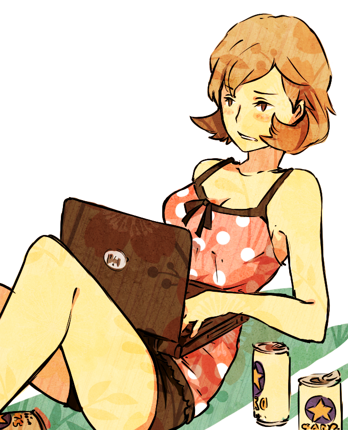 1girl, aiwatan, alcohol, beer, computer, drink, laptop, megami_tensei
