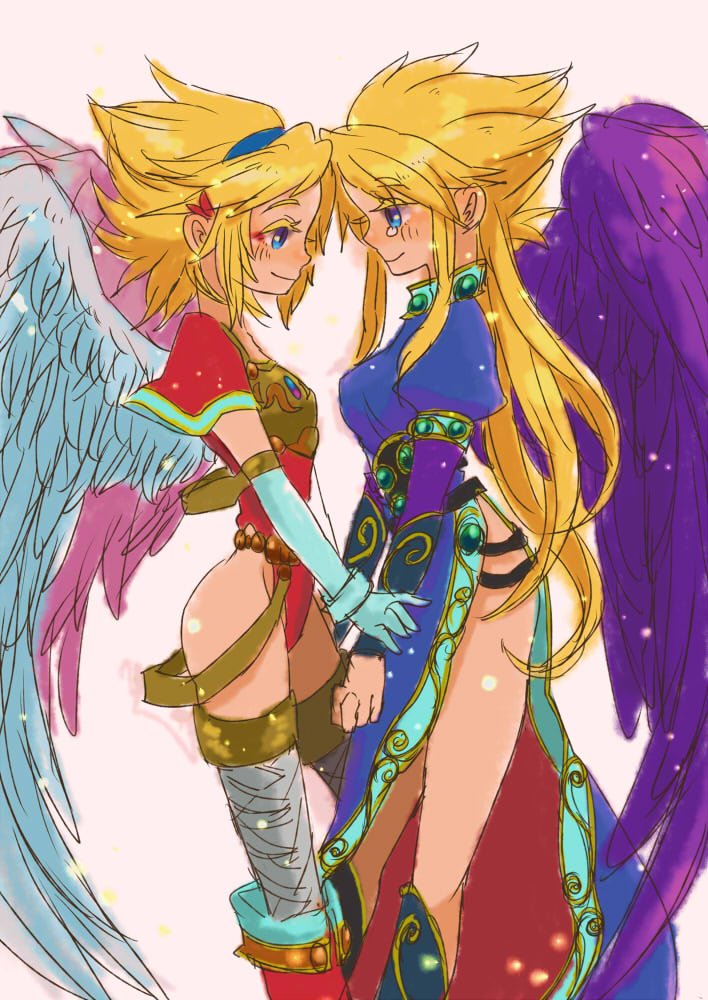 2girls, black_wings, blonde_hair, blue_eyes, breath_of_fire, breath_of_fire_i, breath_of_fire_ii, capcom, hairband, hota_(29812), leotard, long_gloves, long_hair, multiple_girls, nina_(breath_of_fire_i), nina_(breath_of_fire_ii), plain_background, short_hair, simple_background, thigh-highs, thighs, wings